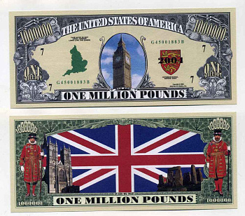 США 1000000 ДОЛЛАРОВ 2004 СУВЕНИРНАЯ БАНКНОТА, КОРОЛЕВСТВО ВЕЛИКОБРИТАНИИ, БИГБЭН В ЛОНДОНЕ, АНГЛИЙСКИЙ ФЛАГ бумага UNC (ПРЕСС) 8588-62-1-2