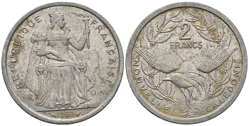 Французская Новая Каледония 2 франка 1982 птица кагу, (IEOM) KM 14, Schoen 11, Lec 62 алюминий    27-451