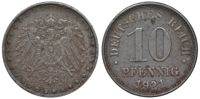 Германия 10 пфеннигов 1921 A KM 20, J. 298 железо 4119-251