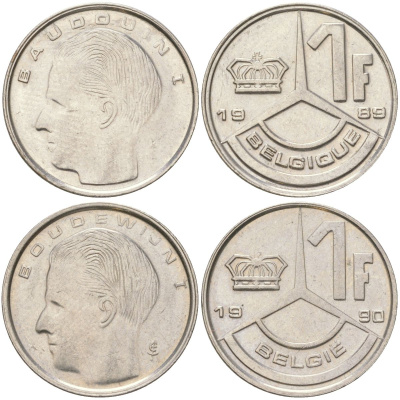 Бельгия набор из 2 монет разных типажей (1 франк) 1989 и 1990 Belgique и Belgie, Бодуэн I (1951-1993) KM 170 и 171 нержавеющая сталь 4611-915