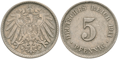 Германия 5 пфеннигов 1911 J KM 11, Jager 12, Weege 6 медно-никель 08-1313