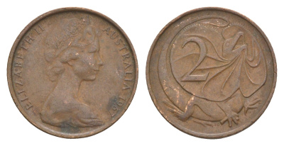 Австралия 2 цента 1967 Елизавета II (1952-2022), плащеносная ящерица KM 63 бронза 4585-1062