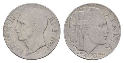 Италия 20 чентезимо 1941 IX год, Виктор Эммануил III (1900-1946) KM 75b нержавеющая сталь 4547-959