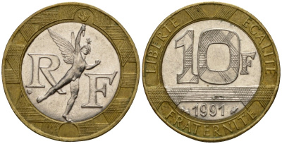 Франция 10 франков 1991 тип гений Бастилии KM 964.1, Le Frank 375.6 биметалл 4601-424