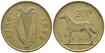 ИРЛАНДИЯ 20 ПЕНСОВ 1988 ЛОШАДЬ KM 25 никель бронза 4110-1015