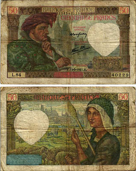 ФРАНЦИЯ 50 ФРАНКОВ 1941 15 МАЯ 1941, ЖАК КЁР, ФРАНЦУЗМКИЙ ПРОМЫШЛЕННИК Pick 93 бумага 6266-15-3