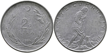 ТУРЦИЯ 2 1/2 ЛИРЫ 1964 KM 893.1 нержавеющая сталь 29-1041