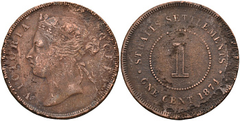 Стрейтс-Сетлментс 1 цент 1874 Виктория (1837-1901), Ост-Индская компания KM 9 медь 4590-341
