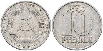 ГДР 10 ПФЕННИГОВ 1965 А KM 10 алюминий 4402-223