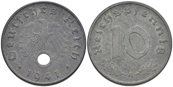 ГЕРМАНИЯ 10 РЕЙХСПФЕННИГОВ 1941 A KM 101, J. 371 цинк 212-821