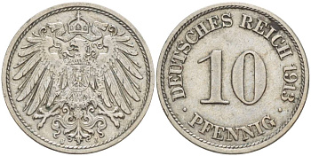 Германия 10 пфеннигов 1913 J KM 12, Jager 13, Weege 8 медно-никель 219-235