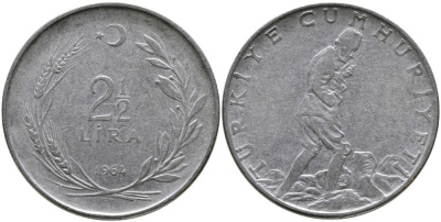 ТУРЦИЯ 2 1/2 ЛИРЫ 1964 KM 893.1 нержавеющая сталь 29-1041