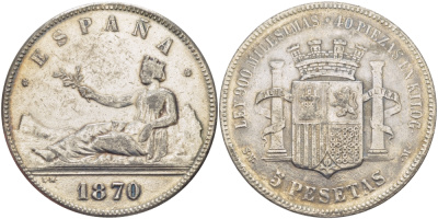 ИСПАНИЯ 5 ПЕСЕТ 1870 КОПИЯ ВЕС 20 ГР. белый металл 4537-212