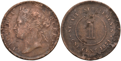 Стрейтс-Сетлментс 1 цент 1874 Виктория (1837-1901), Ост-Индская компания KM 9 медь 4590-341