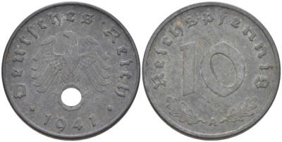 ГЕРМАНИЯ 10 РЕЙХСПФЕННИГОВ 1941 A KM 101, J. 371 цинк 212-821