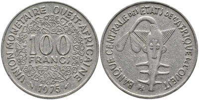 ВАЛЮТНЫЙ СОЮЗ СТРАН ЗАПАДНОЙ АФРИКИ 100 ФРАНКОВ 1975 РЫБА KM 4 никель 110-453