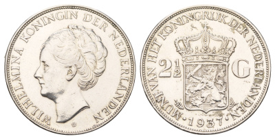 Нидерланды 2,5 (2 1/2) гульдена 1937 Вильгельмина I (1890-1948) KM 165 серебро 1518-923