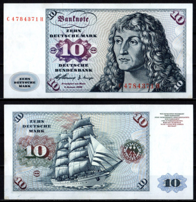 ФРГ 10 марок 1960 Альбрехт Дюрер. Kорабль "Горх Фок" Pick 19 бумага aUNC 451-1108-1