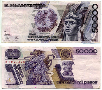 Мексика 50000 песо 1990 10 января 1990 Pick 93b бумага 2196-24-2-2