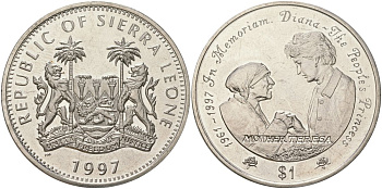 Сьерра-Леоне 1 доллар 1997 Диана - Народная принцесса и Мать Тереза KM 77 медно-никель BU 4368-932