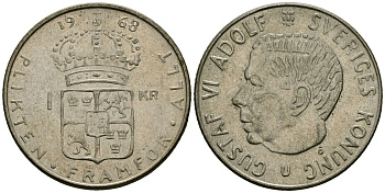Швеция 1 крона 1968 U, Густав VI Адольф (1950-1973) KM 826 серебро 4177-1023