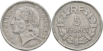 Франция 5 франков 1949 В, тип Лаврийе, Closed 9, мондвор Бомон ле-Роже KM 888b.2, LE FRANC алюминий    4599-1131