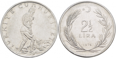 ТУРЦИЯ 2 1/2 ЛИРЫ 1976 KM 893.2 сталь 4179-113