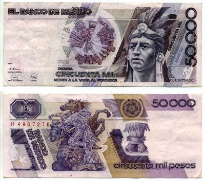 Мексика 50000 песо 1990 10 января 1990 Pick 93b бумага 2196-24-2-2