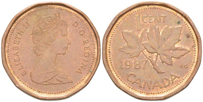 Канада 1 цент 1987 Елизавета II (1952-2022), кленовый лист KM 132 бронза 99-933