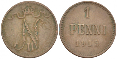 РОССИЯ ДЛЯ ФИНЛЯНДИИ 1 ПЕННИ 1915 НИКОЛАЙ II KM 13, Биткин 475 медь 4396-1436
