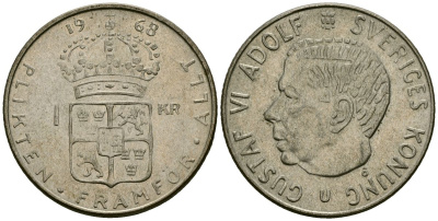 Швеция 1 крона 1968 U, Густав VI Адольф (1950-1973) KM 826 серебро 4177-1023