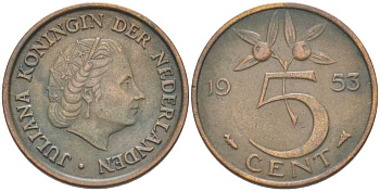 Нидерланды 5 центов 1953 Юлиана (1948-1980) KM 181 бронза 213-1016