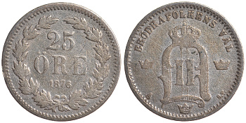 Швеция 25 эре 1876 ST, Оскар II (1872-1907) король Швеции и Норвегии KM 738 серебро 4179-815