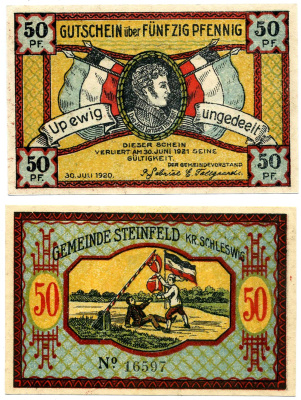 ШТАЙНФЕЛЬД 50 пфеннигов 1921 30 июля 1920 - 30 ИЮНЯ 1921, НОТГЕЛЬД, ЗЕМЛЯ ШЛЕЗВИГ-ГОЛЬШТЕЙН Grabowski 1262.2а бумага 2195-5-2-2