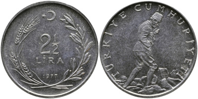 ТУРЦИЯ 2 1/2 ЛИРЫ 1977 KM 893.2 нержавеющая сталь 29-714