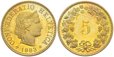 Швейцария 5 раппенов 1983 KM 26c алюминиевая бронза 105-921