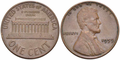 США 1 цент 1959 Авраам Линкольн KM 201 медь цинк 105-616
