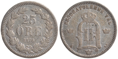 Швеция 25 эре 1876 ST, Оскар II (1872-1907) король Швеции и Норвегии KM 738 серебро 4179-815