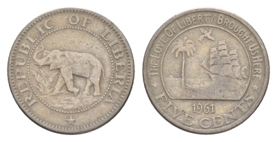 Либерия 5 центов 1961 KM 14 медно-никель 4659-455