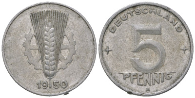 ГДР 5 пфеннигов 1950 A KM 2 алюминий 206-545