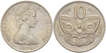 Новая Зеландия 10 центов 1974 Елизавета II (1952-2022), маска маори KM 41.1 медно-никель 212-1136