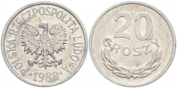 ПОЛЬША 20 ГРОШЕЙ 1980 MW KM А47 алюминий 4516-544