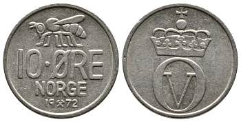 Норвегия 10 эре 1972 пчела, Улаф V (1958-1991) KM 411 медно-никель 220-464