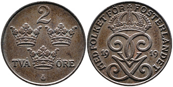 Швеция 2 эре 1919 Густав V (1907-1950) KM 790 железо 4388-1115