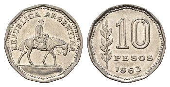 Аргентина 10 песо 1963 Гаучо KM 60 сталь плакированная никелем 4116-553