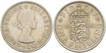 Великобритания 1 шиллинг 1961 Елизавета II (1952-2022), Английский герб KM 904, Spink 4147 медно-никель 77-121