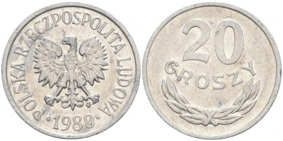 ПОЛЬША 20 ГРОШЕЙ 1980 MW KM А47 алюминий 4516-544