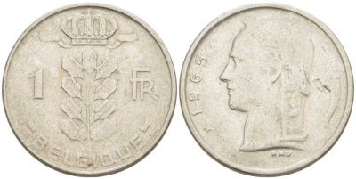 БЕЛЬГИЯ 1 ФРАНК 1965 BELGIQUE, БОДУЭН I (1951-1993) KM 142.1 медно-никель 213-517