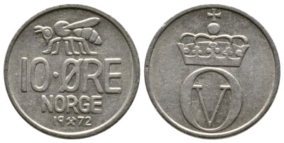 Норвегия 10 эре 1972 пчела, Улаф V (1958-1991) KM 411 медно-никель 220-464