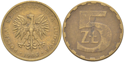 ПОЛЬША 5 ЗЛОТЫХ 1986 MW KM 81.2 латунь 106-623